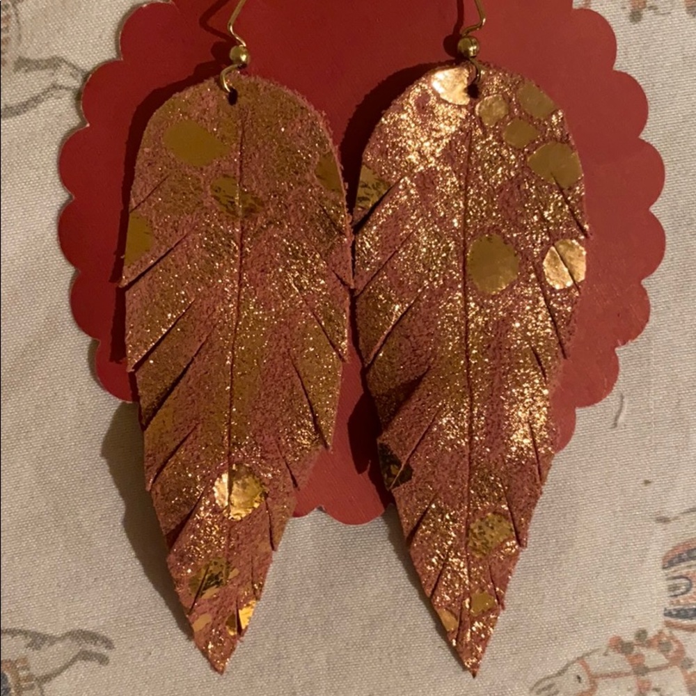 Pink and rose gold leather feather earrings